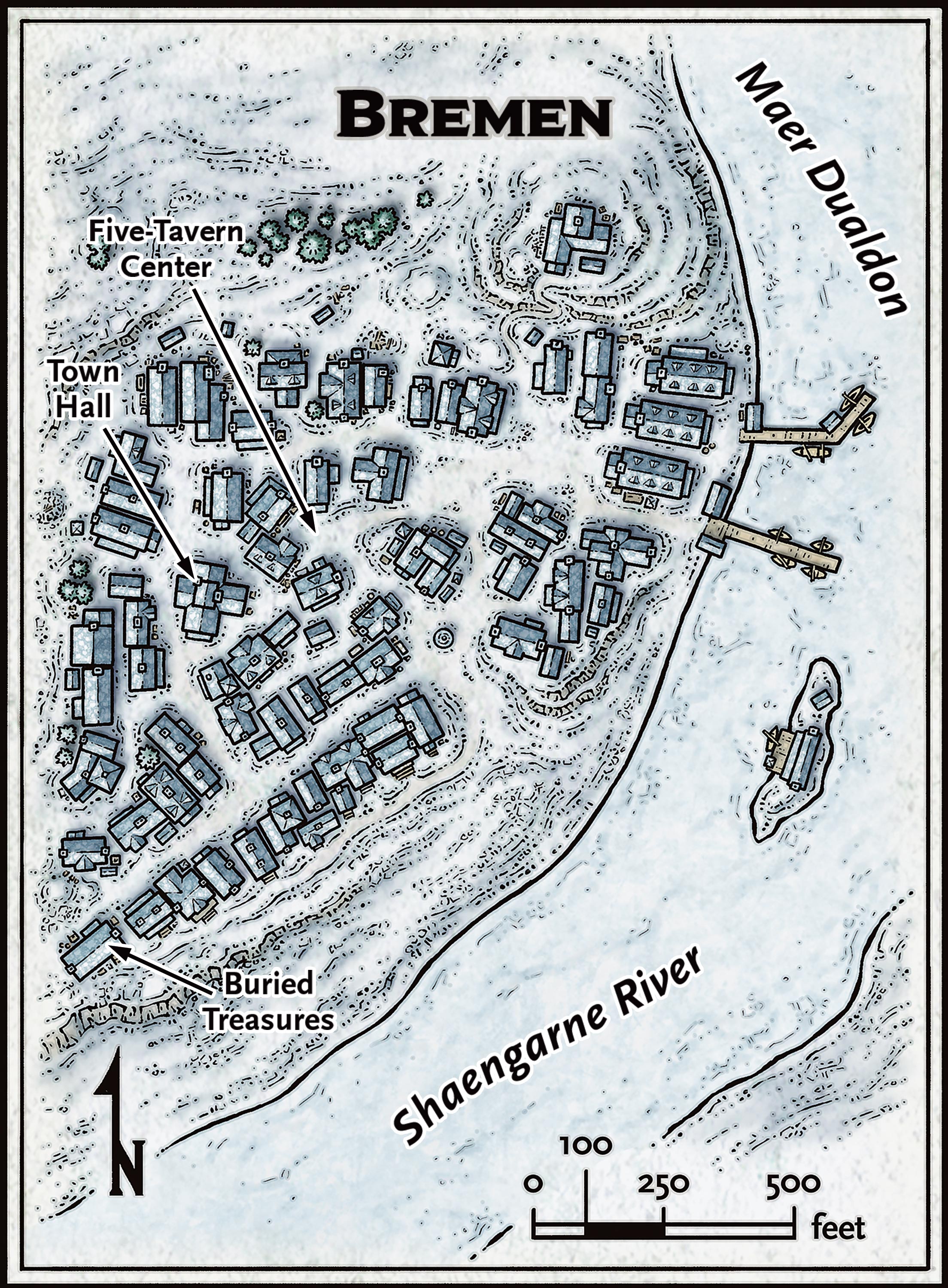 Town map of Bremen showing the Shaengarne River to the east, with labeled districts including Five-Tavern Center and Town Hall to the west, Buried Treasures to the south, and Mael Duerdon to the north. Scale bar indicates 100-250-500 feet. Compass rose shows north direction. Detailed building layouts and street patterns depict a established riverside settlement.